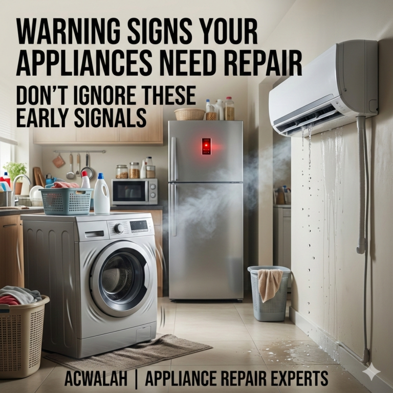 Appliance repair signs shown through leaking AC, noisy washing machine, and fridge warning indicators