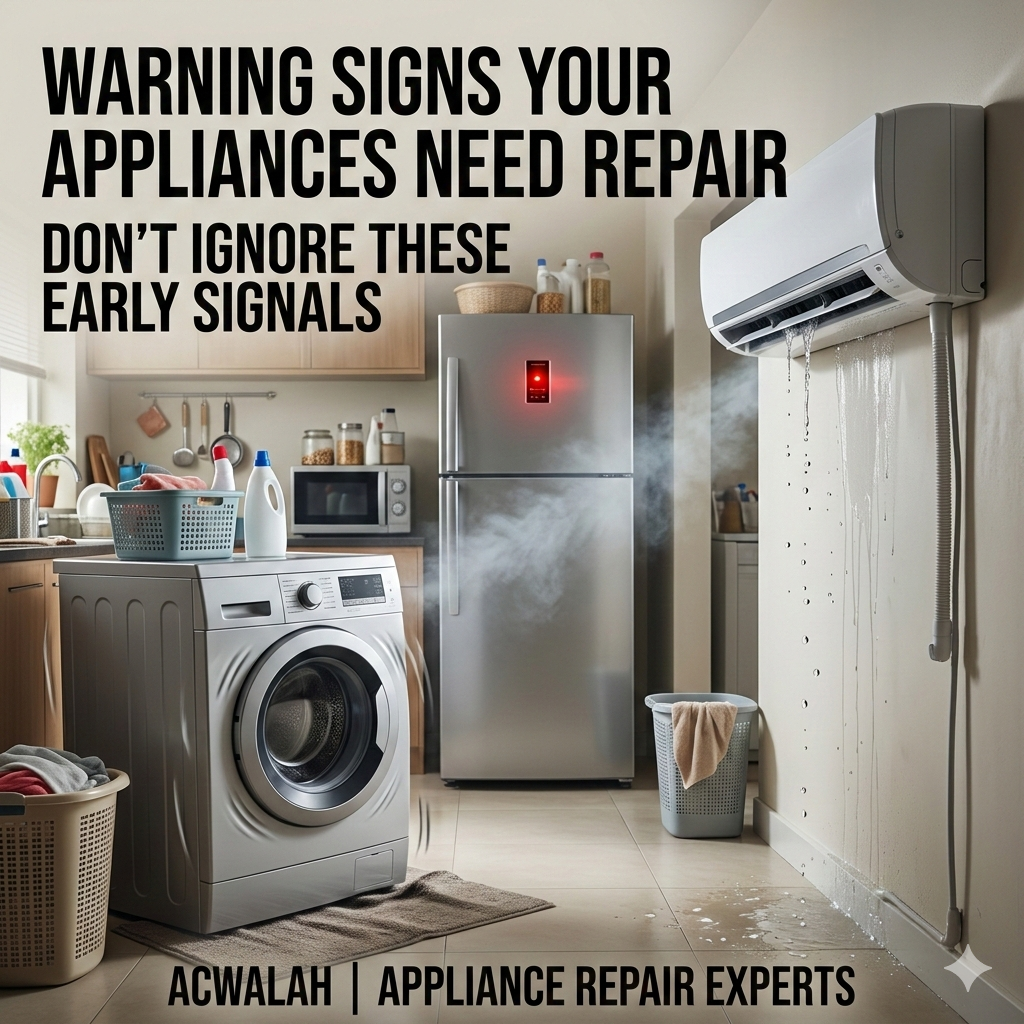 Appliance repair signs shown through leaking AC, noisy washing machine, and fridge warning indicators