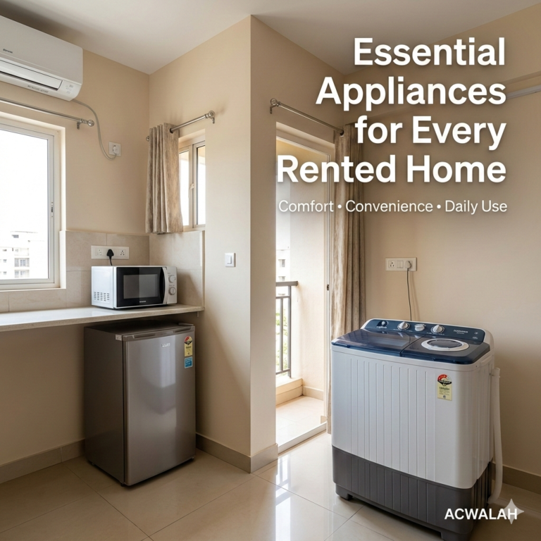 essential appliances for rented home including fridge washing machine microwave and AC