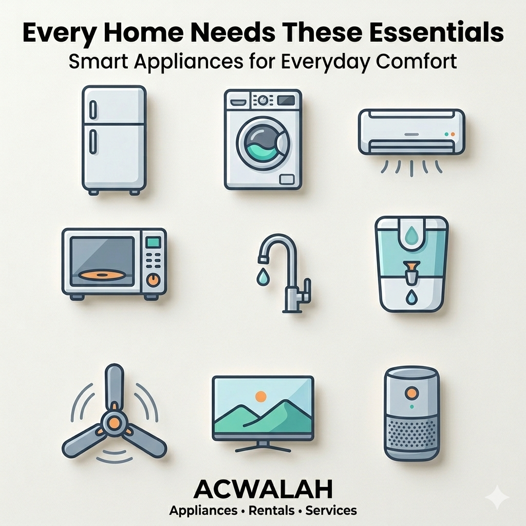 Flat-lay top view of essential home appliances neatly arranged on a light background – refrigerator icon, washing machine, air conditioner, microwave, water purifier, ceiling fan, and LED TV